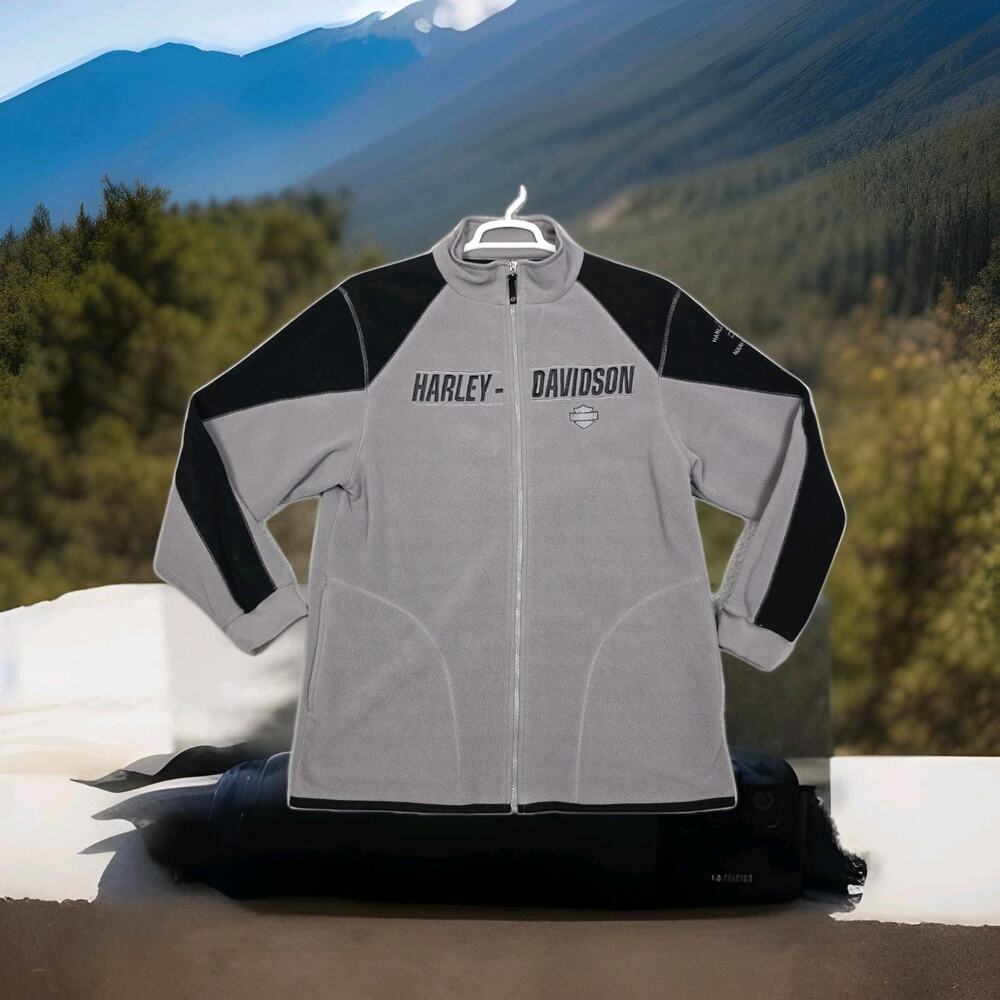 Harley Davidson Fleece Jacket Mens Large Grey Black Full Zip Color Block Mock Ne